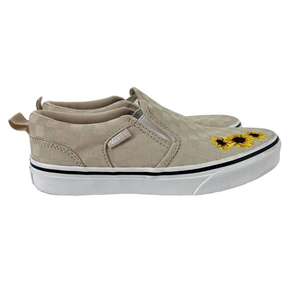 Vans Girls Beige Checkerboard Slip-On Sneakers Sunflower Embroidery Junior Sz 4 - Picture 2 of 8